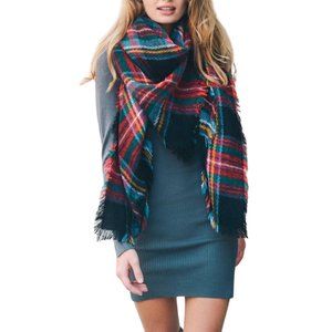Flannel Frayed Edge Blanket Scarf Black Green Red Soft Acrylic Like Cashmere